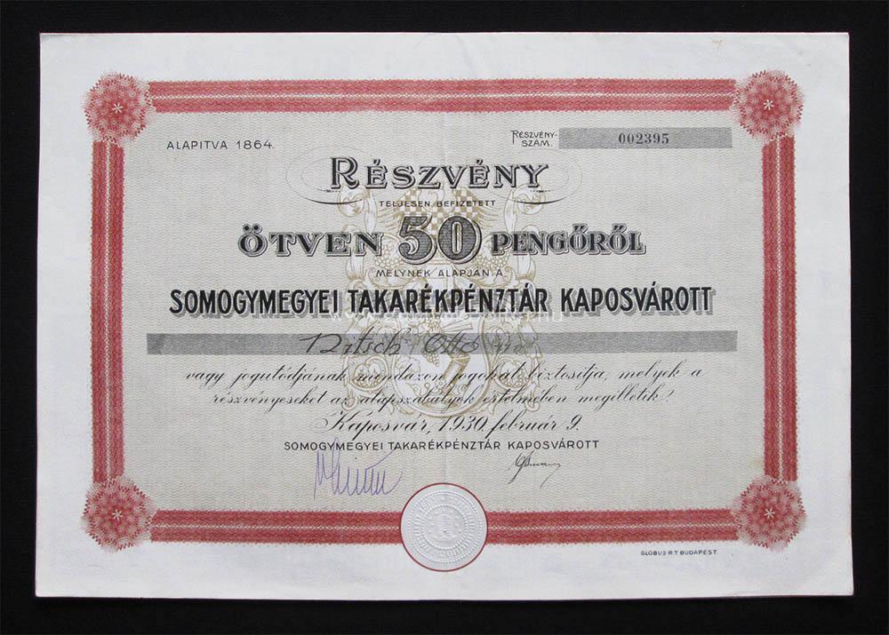 Somogymegyei Takarkpnztr rszvny 50 peng 1930 Kaposvr